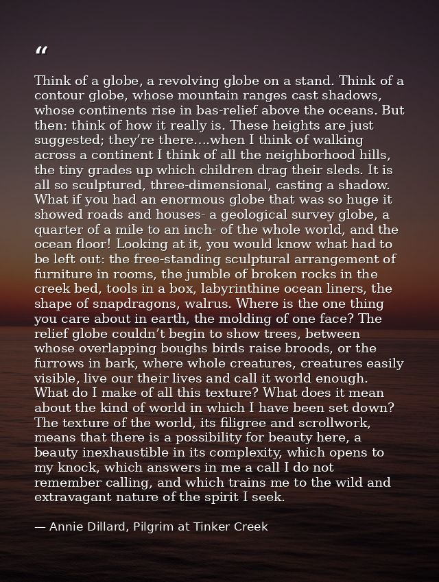 Think of a globe, a revolving globe on a stand. Think of a contour globe, whose mountain ranges cast shadows, whose cont — Annie Dillard, Pilgrim at Tinker Creek