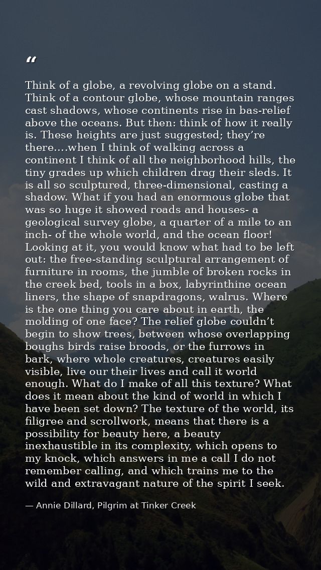 Think of a globe, a revolving globe on a stand. Think of a contour globe, whose mountain ranges cast shadows, whose cont — Annie Dillard, Pilgrim at Tinker Creek