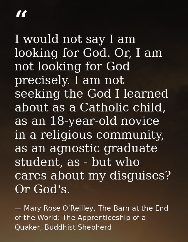 I would not say I am looking for God. Or, I am not looking for God precisely. I am not seeking the God I learned about a — Mary Rose O'Reilley, The Barn at the End of the World: The Apprenticeship of a Quaker, Buddhist Shepherd