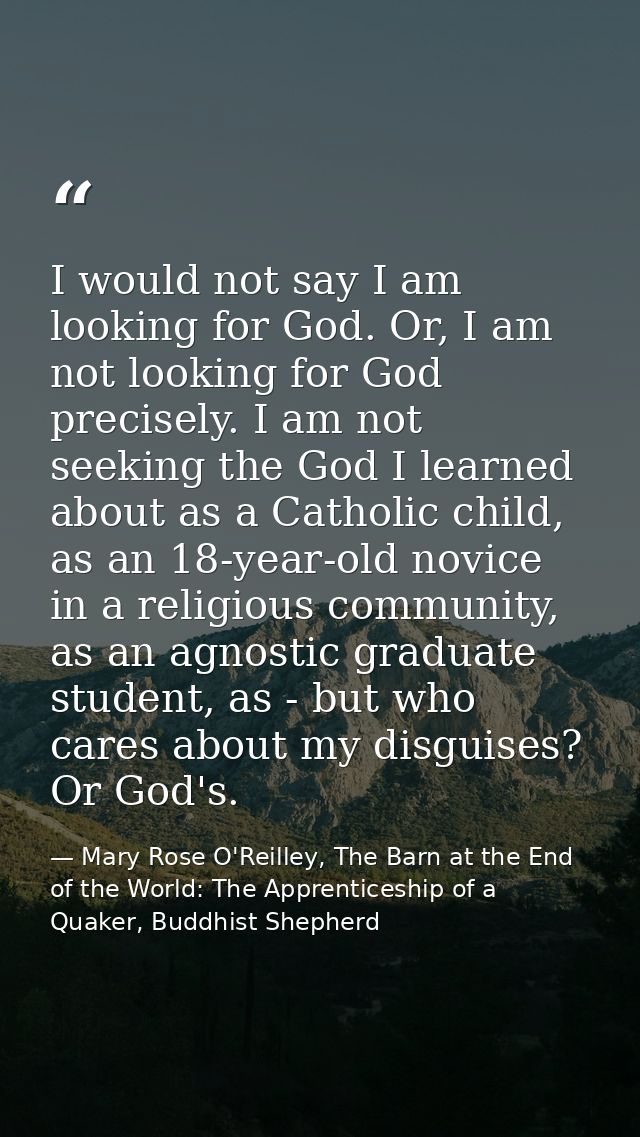 I would not say I am looking for God. Or, I am not looking for God precisely. I am not seeking the God I learned about a — Mary Rose O'Reilley, The Barn at the End of the World: The Apprenticeship of a Quaker, Buddhist Shepherd