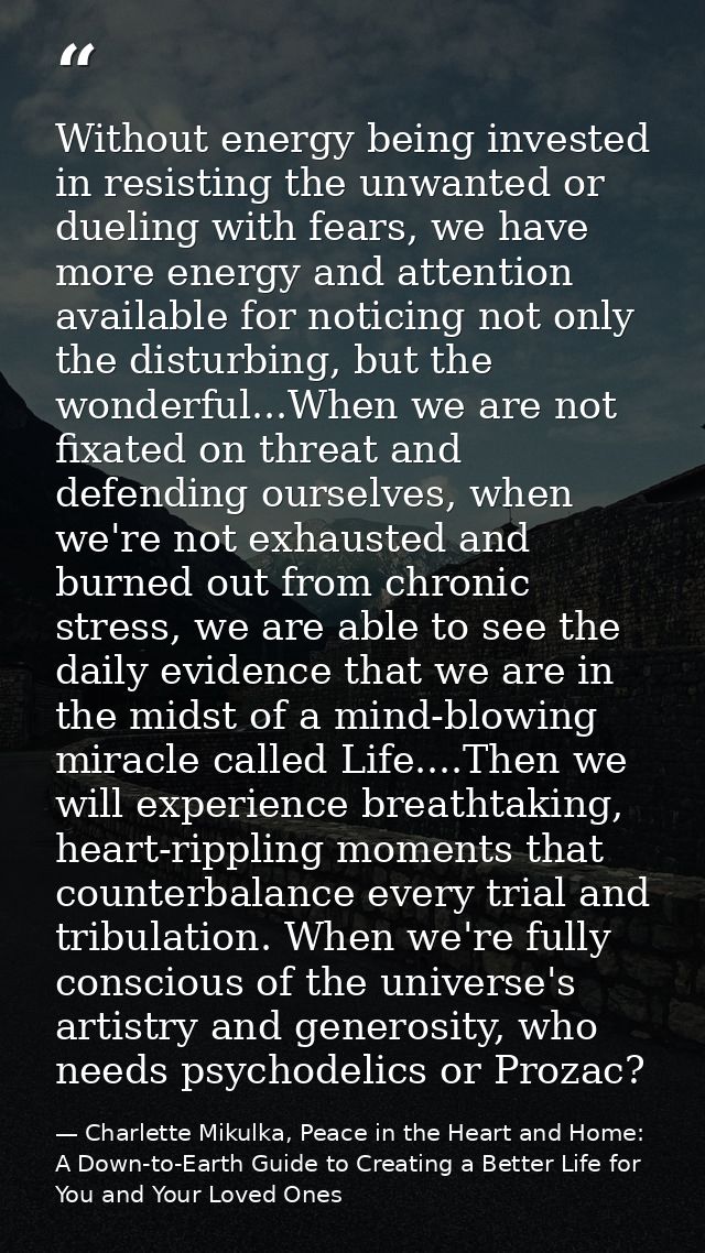 Without energy being invested in resisting the unwanted or dueling with fears, we have more energy and attention availab — Charlette Mikulka, Peace in the Heart and Home: A Down-to-Earth Guide to Creating a Better Life for You and Your Loved Ones