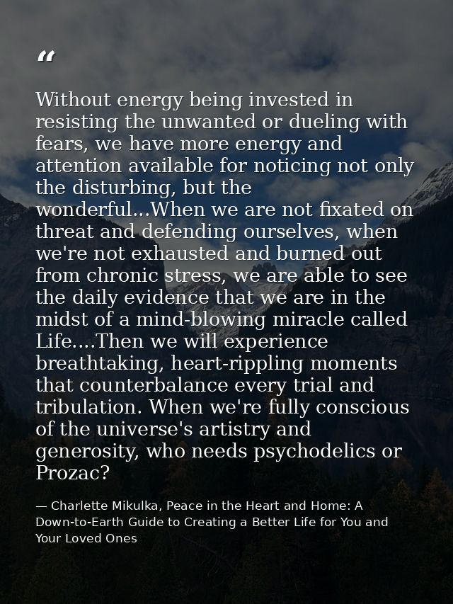 Without energy being invested in resisting the unwanted or dueling with fears, we have more energy and attention availab — Charlette Mikulka, Peace in the Heart and Home: A Down-to-Earth Guide to Creating a Better Life for You and Your Loved Ones