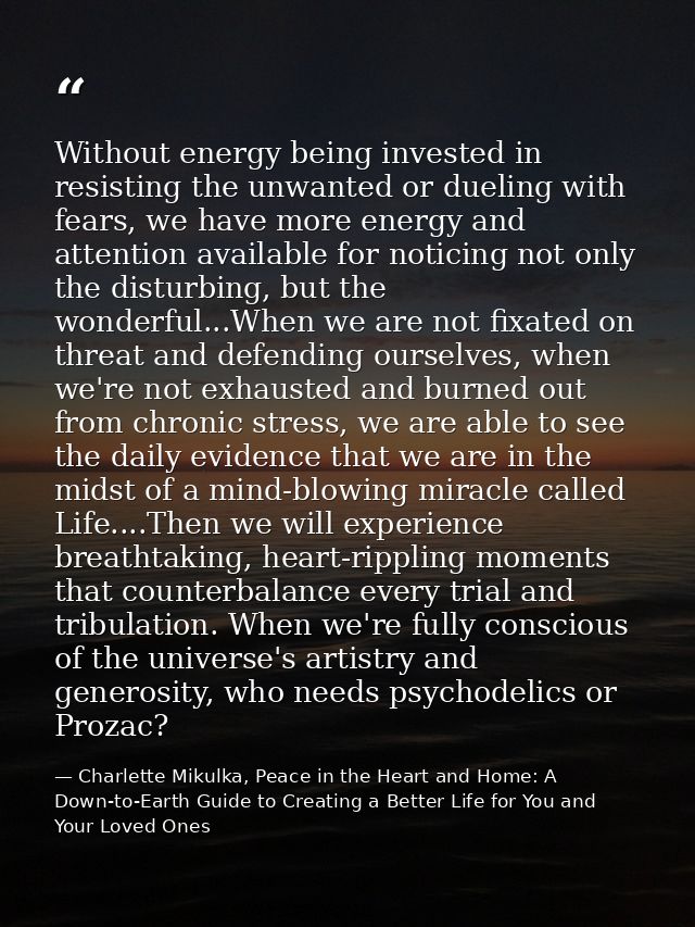 Without energy being invested in resisting the unwanted or dueling with fears, we have more energy and attention availab — Charlette Mikulka, Peace in the Heart and Home: A Down-to-Earth Guide to Creating a Better Life for You and Your Loved Ones