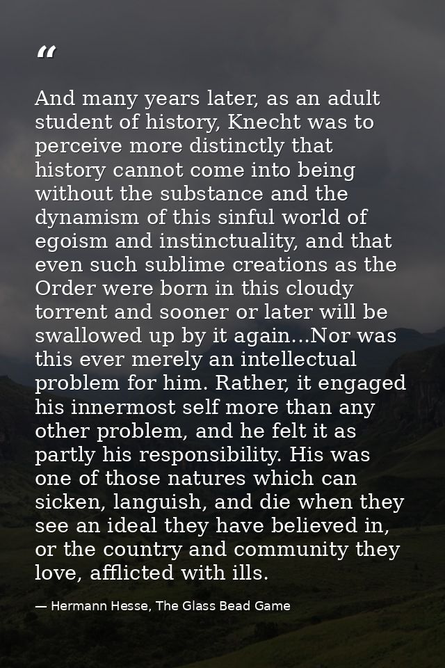 And many years later, as an adult student of history, Knecht was to perceive more distinctly that history cannot come in — Hermann Hesse, The Glass Bead Game