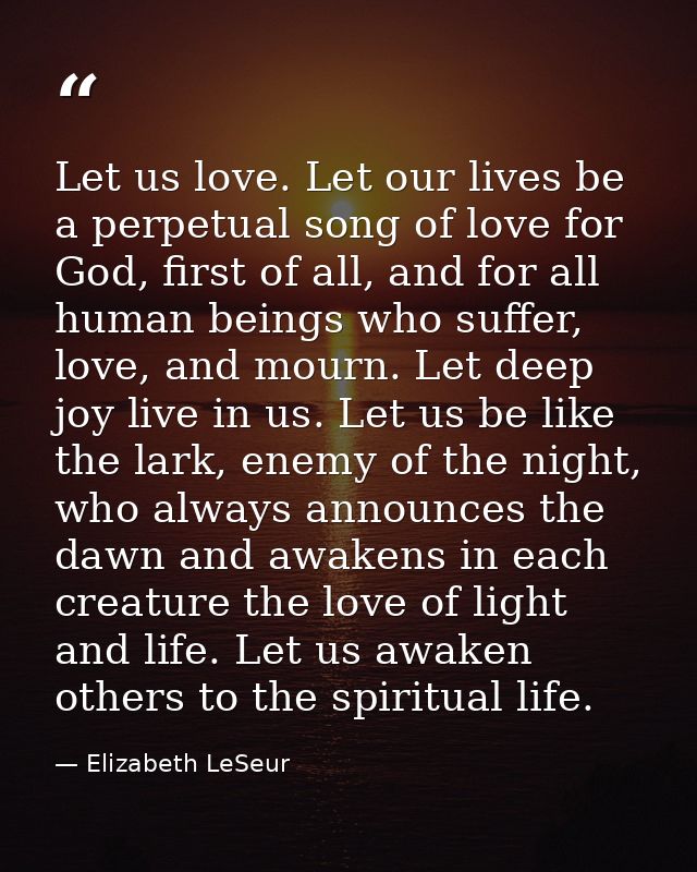 Let us love. Let our lives be a perpetual song of love for God, first of all, and for all human beings who suffer, love, — Elizabeth LeSeur