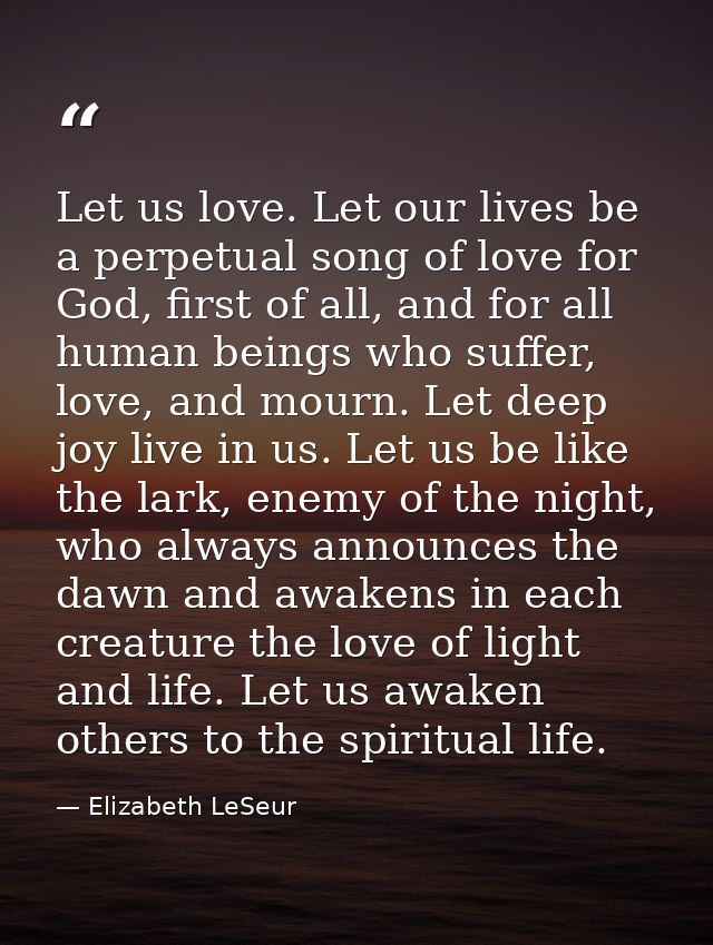 Let us love. Let our lives be a perpetual song of love for God, first of all, and for all human beings who suffer, love, — Elizabeth LeSeur