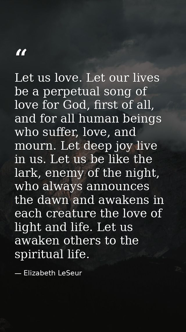 Let us love. Let our lives be a perpetual song of love for God, first of all, and for all human beings who suffer, love, — Elizabeth LeSeur