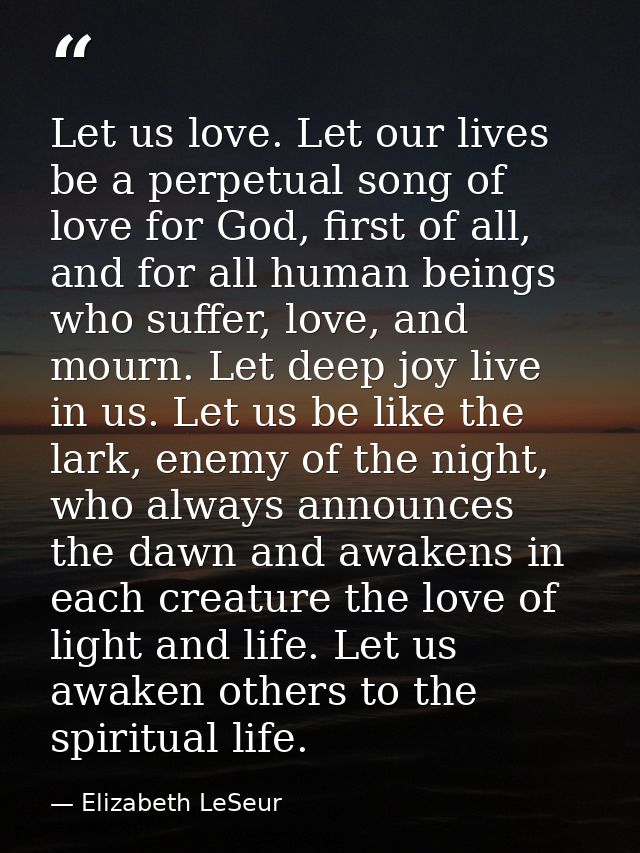 Let us love. Let our lives be a perpetual song of love for God, first of all, and for all human beings who suffer, love, — Elizabeth LeSeur