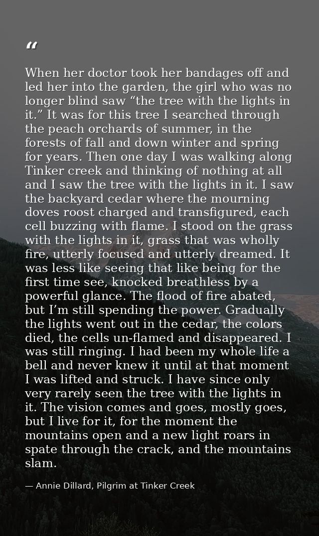 When her doctor took her bandages off and led her into the garden, the girl who was no longer blind saw “the tree with t — Annie Dillard, Pilgrim at Tinker Creek