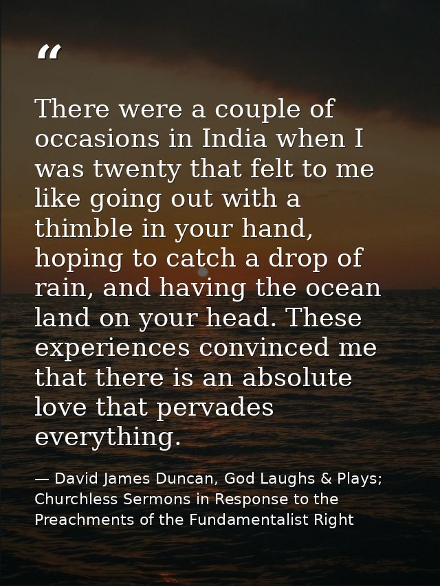 There were a couple of occasions in India when I was twenty that felt to me like going out with a thimble in your hand,  — David James Duncan, God Laughs & Plays; Churchless Sermons in Response to the Preachments of the Fundamentalist Right