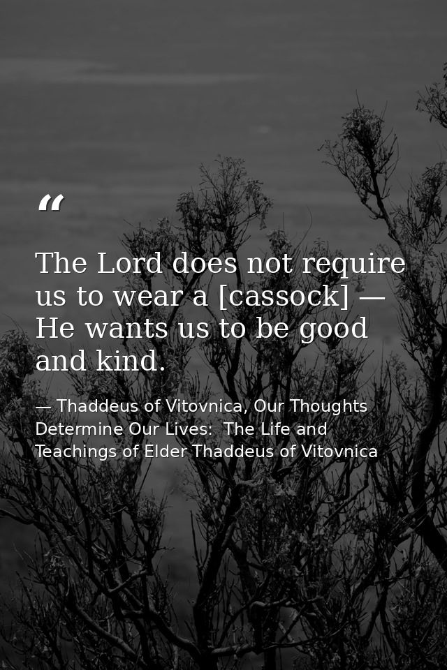 The Lord does not require us to wear a [cassock] — He wants us to be good and kind. — Thaddeus of Vitovnica, Our Thoughts Determine Our Lives:  The Life and Teachings of Elder Thaddeus of Vitovnica