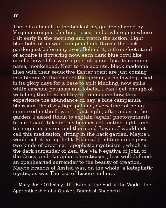 There is a bench in the back of my garden shaded by Virginia creeper, climbing roses, and a white pine where I sit early — Mary Rose O'Reilley, The Barn at the End of the World: The Apprenticeship of a Quaker, Buddhist Shepherd
