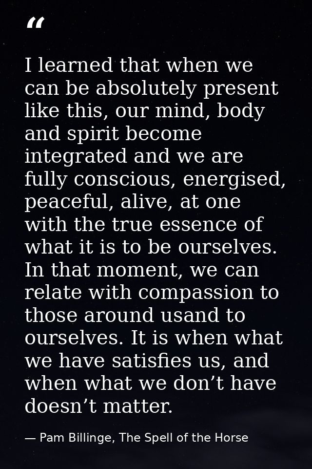 I learned that when we can be absolutely present like this, our mind, body and spirit become integrated and we are fully — Pam Billinge, The Spell of the Horse