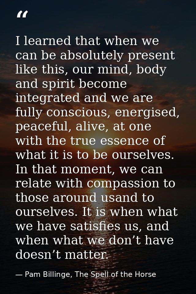 I learned that when we can be absolutely present like this, our mind, body and spirit become integrated and we are fully — Pam Billinge, The Spell of the Horse