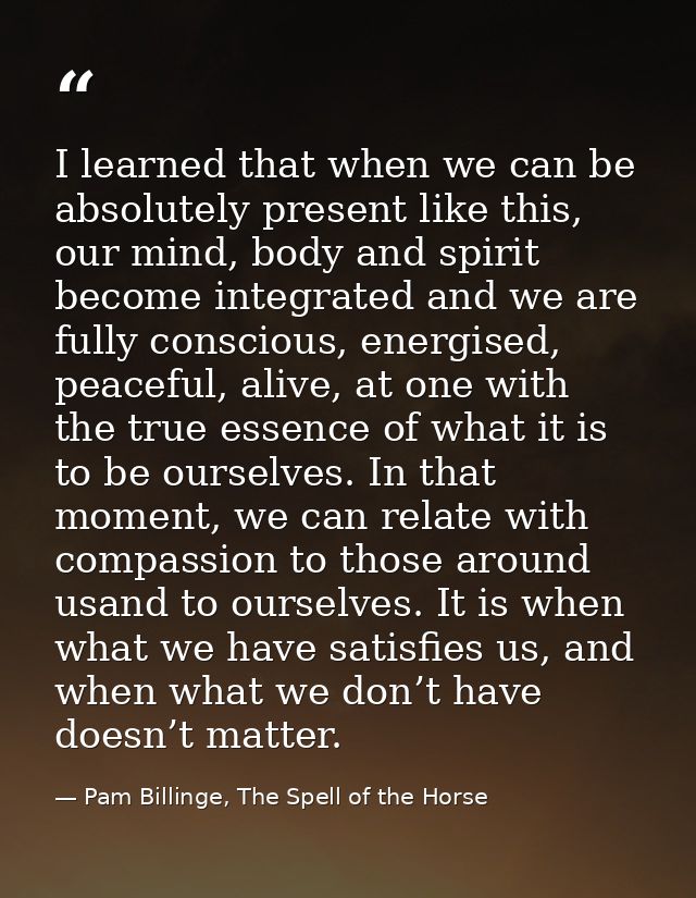 I learned that when we can be absolutely present like this, our mind, body and spirit become integrated and we are fully — Pam Billinge, The Spell of the Horse