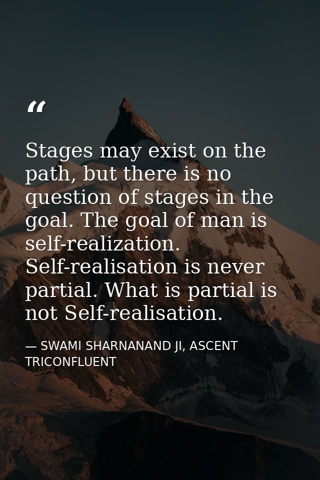 Stages may exist on the path, but there is no question of stages in the goal. The goal of man is self-realization. Self- — SWAMI SHARNANAND JI, ASCENT TRICONFLUENT