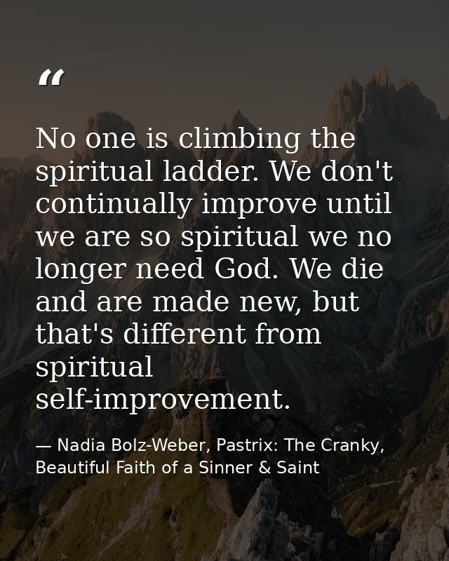 No one is climbing the spiritual ladder. We don't continually improve until we are so spiritual we no longer need God. W — Nadia Bolz-Weber, Pastrix: The Cranky, Beautiful Faith of a Sinner & Saint