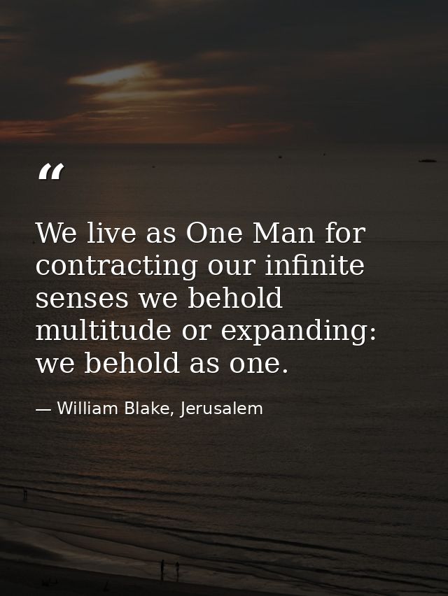 We live as One Man for contracting our infinite senses we behold multitude or expanding: we behold as one. — William Blake, Jerusalem