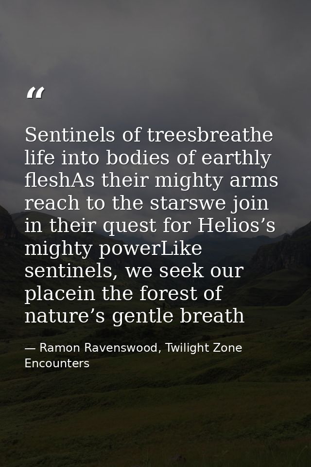 Sentinels of treesbreathe life into bodies of earthly fleshAs their mighty arms reach to the starswe join in their quest — Ramon Ravenswood, Twilight Zone Encounters