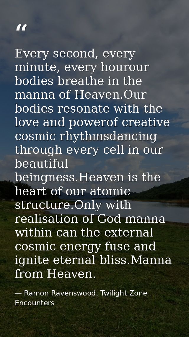 Every second, every minute, every hourour bodies breathe in the manna of Heaven.Our bodies resonate with the love and po — Ramon Ravenswood, Twilight Zone Encounters
