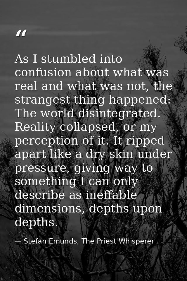 As I stumbled into confusion about what was real and what was not, the strangest thing happened: The world disintegrated — Stefan Emunds, The Priest Whisperer