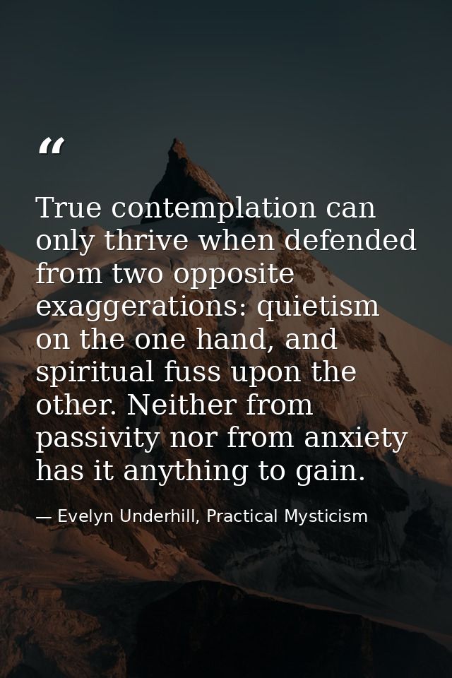 True contemplation can only thrive when defended from two opposite exaggerations: quietism on the one hand, and spiritua — Evelyn Underhill, Practical Mysticism
