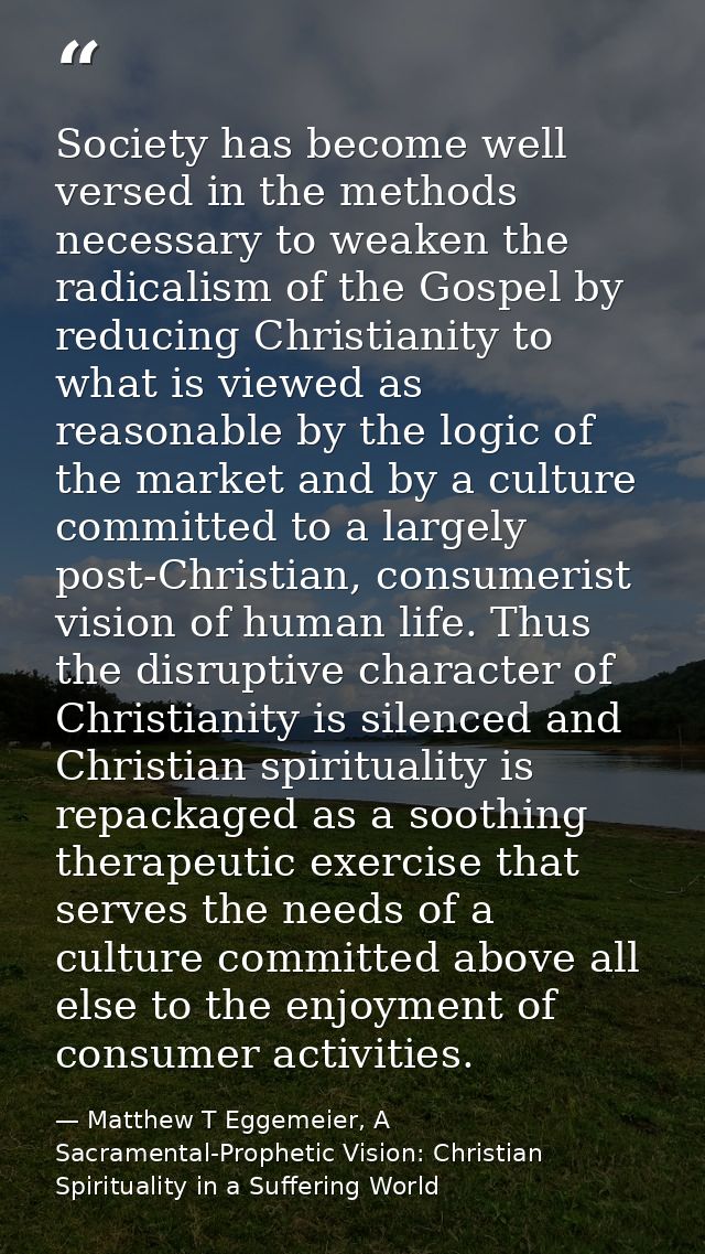 Society has become well versed in the methods necessary to weaken the radicalism of the Gospel by reducing Christianity  — Matthew T Eggemeier, A Sacramental-Prophetic Vision: Christian Spirituality in a Suffering World
