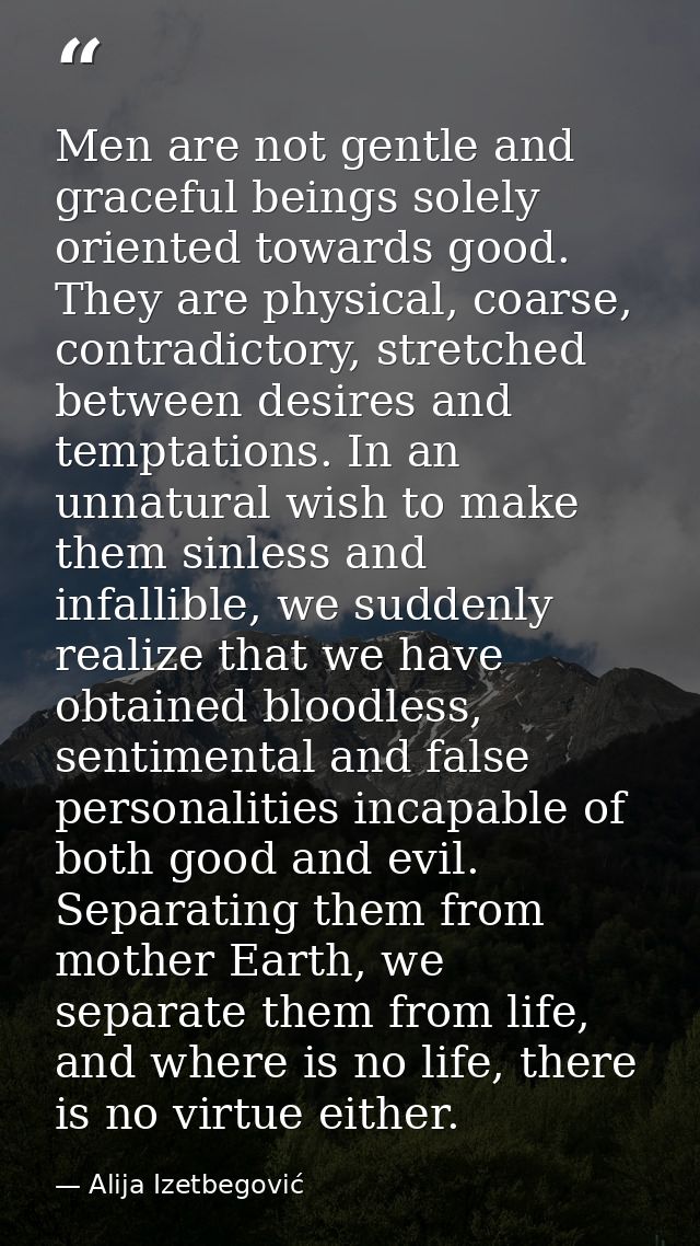 Men are not gentle and graceful beings solely oriented towards good. They are physical, coarse, contradictory, stretched — Alija Izetbegović