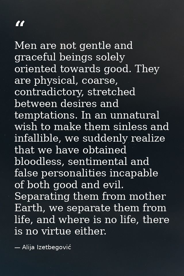 Men are not gentle and graceful beings solely oriented towards good. They are physical, coarse, contradictory, stretched — Alija Izetbegović
