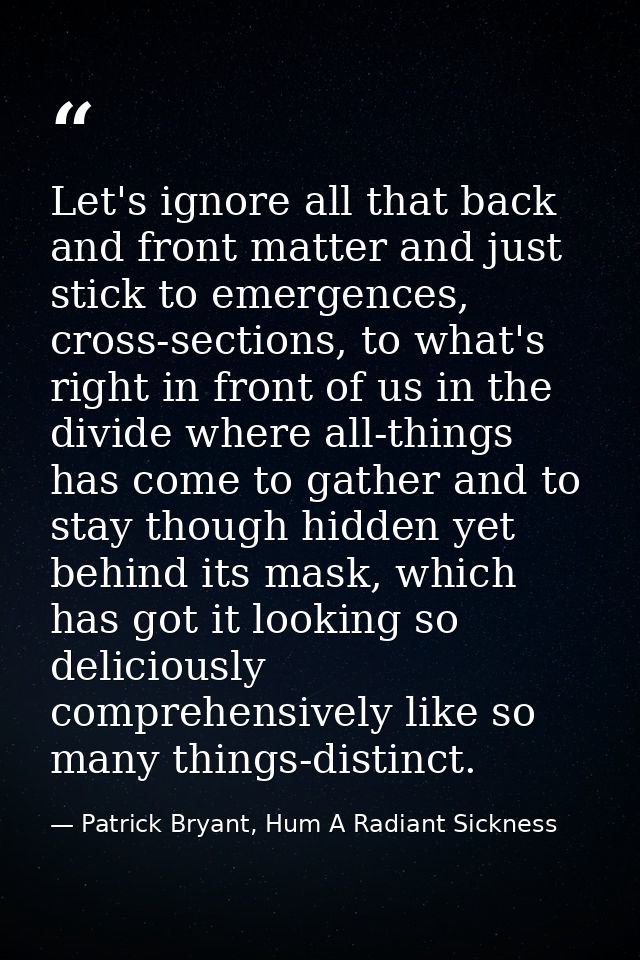 Let's ignore all that back and front matter and just stick to emergences, cross-sections, to what's right in front of us — Patrick Bryant, Hum A Radiant Sickness