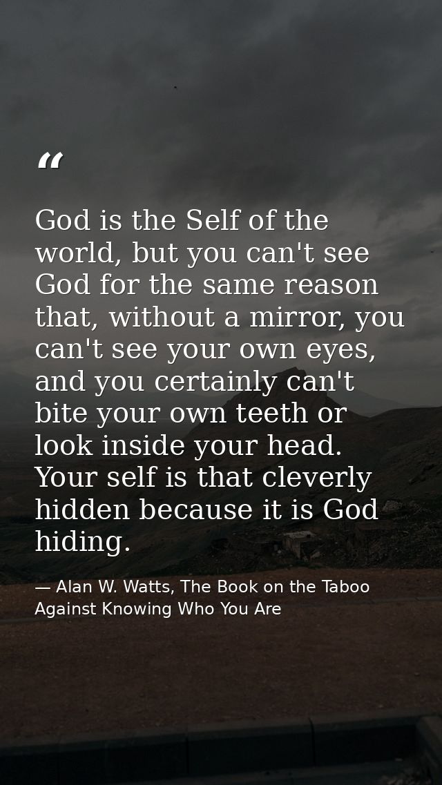 God is the Self of the world, but you can't see God for the same reason that, without a mirror, you can't see your own e — Alan W. Watts, The Book on the Taboo Against Knowing Who You Are