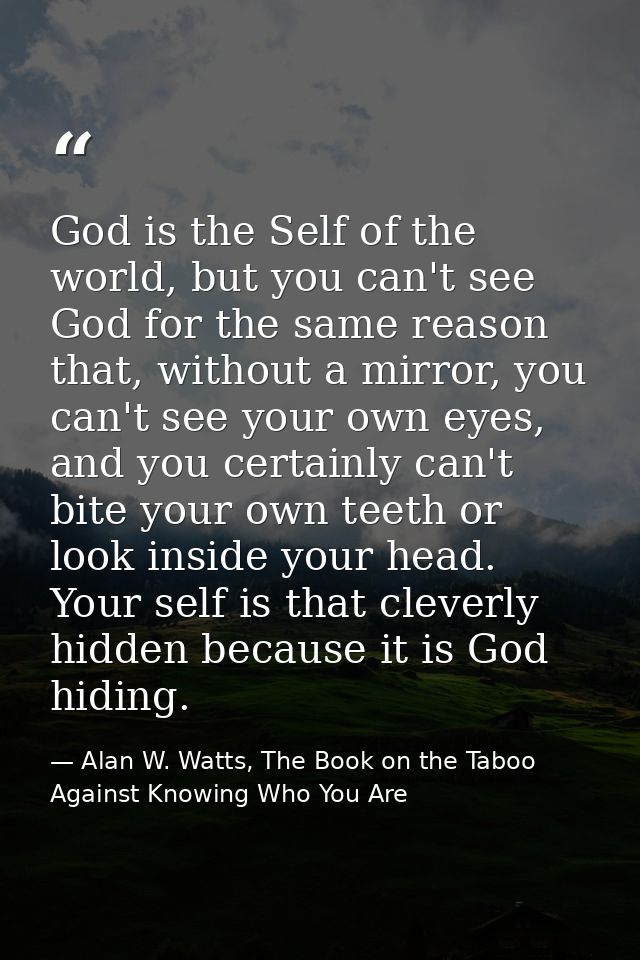 God is the Self of the world, but you can't see God for the same reason that, without a mirror, you can't see your own e — Alan W. Watts, The Book on the Taboo Against Knowing Who You Are