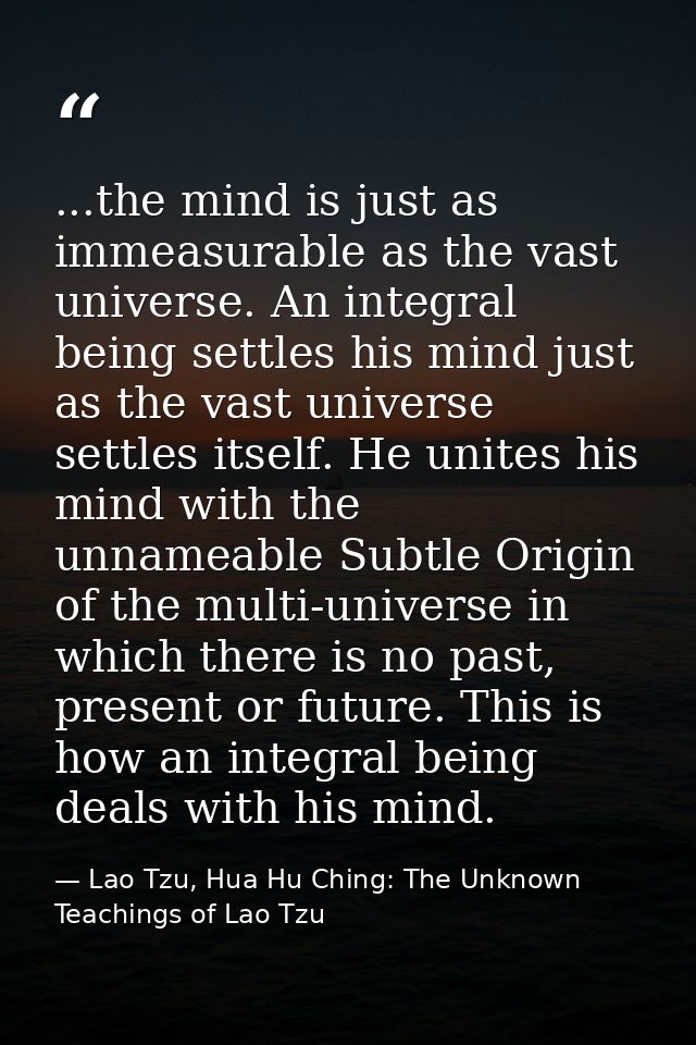 ...the mind is just as immeasurable as the vast universe. An integral being settles his mind just as the vast universe s — Lao Tzu, Hua Hu Ching: The Unknown Teachings of Lao Tzu