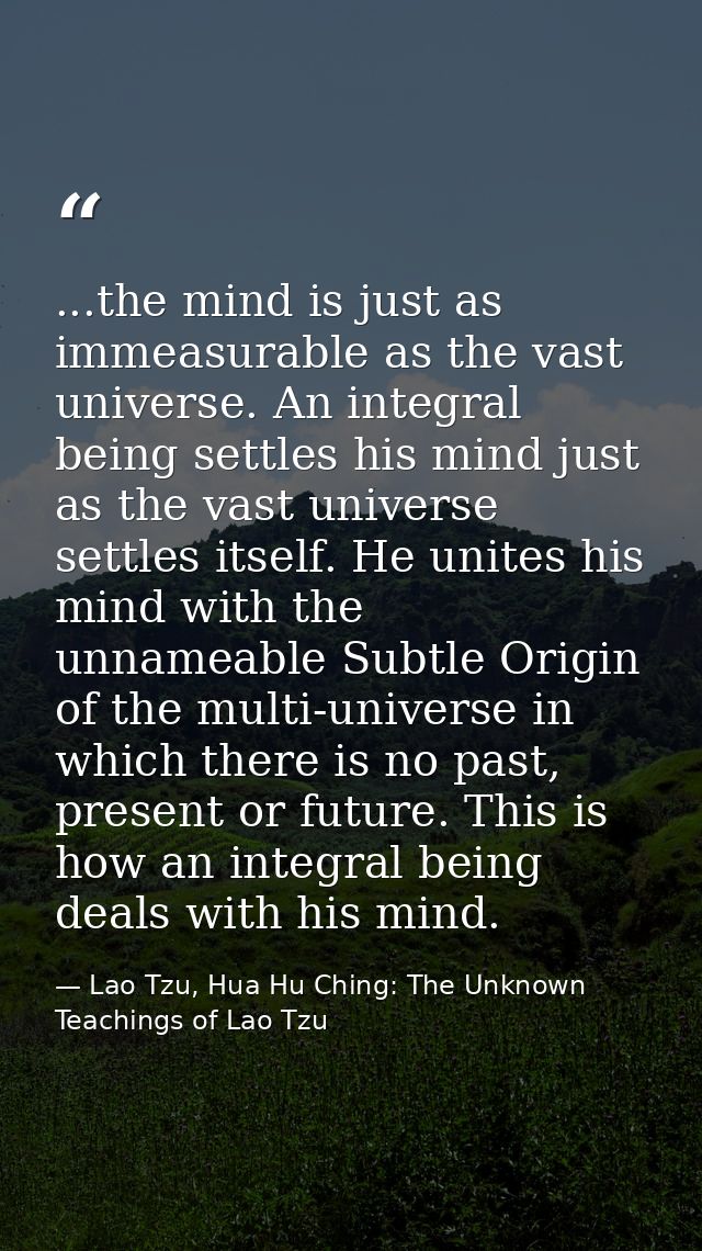 ...the mind is just as immeasurable as the vast universe. An integral being settles his mind just as the vast universe s — Lao Tzu, Hua Hu Ching: The Unknown Teachings of Lao Tzu