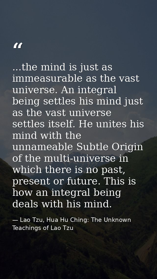 ...the mind is just as immeasurable as the vast universe. An integral being settles his mind just as the vast universe s — Lao Tzu, Hua Hu Ching: The Unknown Teachings of Lao Tzu