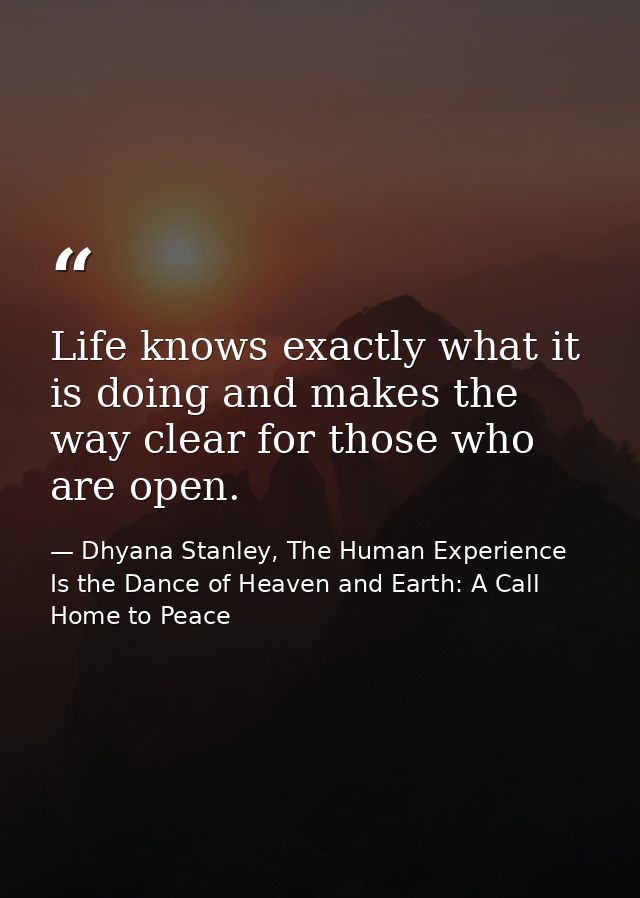 Life knows exactly what it is doing and makes the way clear for those who are open. — Dhyana Stanley, The Human Experience Is the Dance of Heaven and Earth: A Call Home to Peace