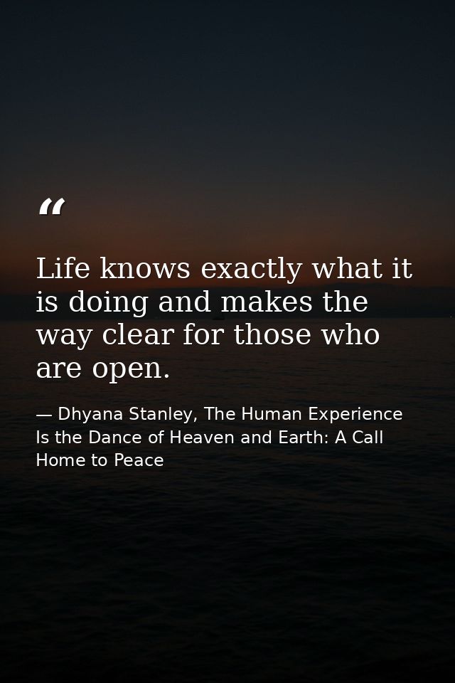 Life knows exactly what it is doing and makes the way clear for those who are open. — Dhyana Stanley, The Human Experience Is the Dance of Heaven and Earth: A Call Home to Peace