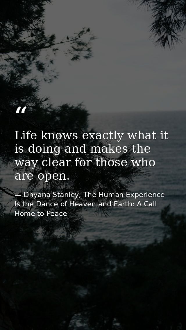Life knows exactly what it is doing and makes the way clear for those who are open. — Dhyana Stanley, The Human Experience Is the Dance of Heaven and Earth: A Call Home to Peace