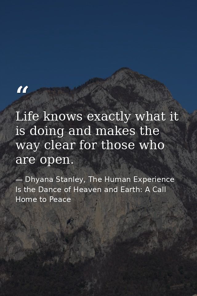 Life knows exactly what it is doing and makes the way clear for those who are open. — Dhyana Stanley, The Human Experience Is the Dance of Heaven and Earth: A Call Home to Peace
