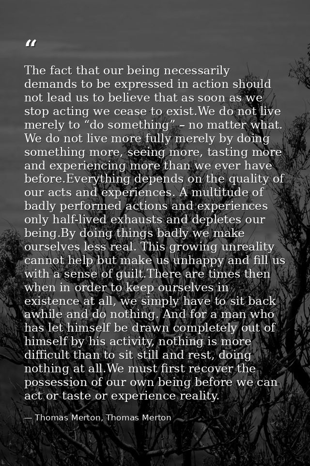 The fact that our being necessarily demands to be expressed in action should not lead us to believe that as soon as we s — Thomas Merton, Thomas Merton