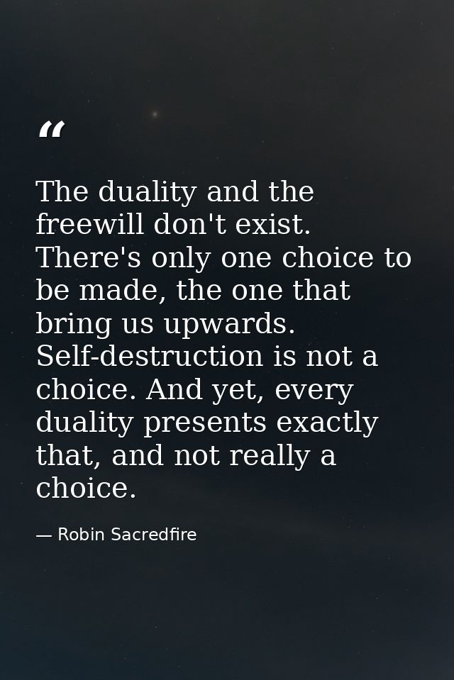 The duality and the freewill don't exist. There's only one choice to be made, the one that bring us upwards. Self-destru — Robin Sacredfire