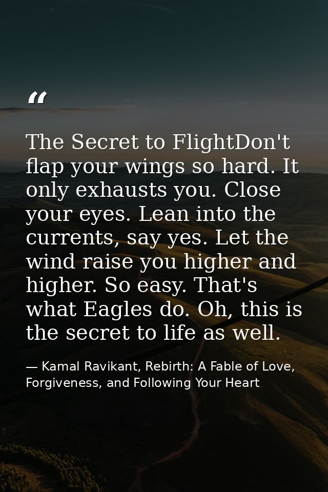 The Secret to FlightDon't flap your wings so hard. It only exhausts you. Close your eyes. Lean into the currents, say ye — Kamal Ravikant, Rebirth: A Fable of Love, Forgiveness, and Following Your Heart
