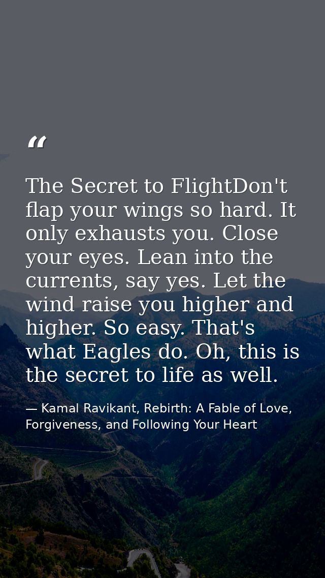 The Secret to FlightDon't flap your wings so hard. It only exhausts you. Close your eyes. Lean into the currents, say ye — Kamal Ravikant, Rebirth: A Fable of Love, Forgiveness, and Following Your Heart