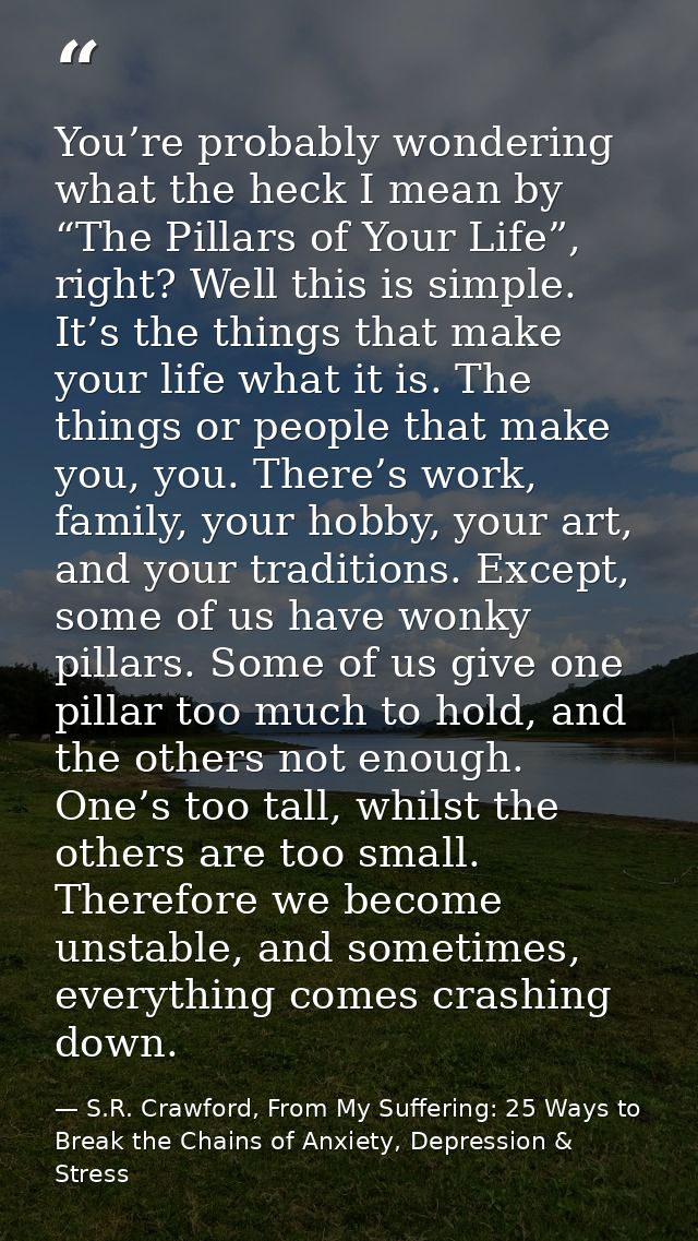 You’re probably wondering what the heck I mean by “The Pillars of Your Life”, right? Well this is simple. It’s the thing — S.R. Crawford, From My Suffering: 25 Ways to Break the Chains of Anxiety, Depression & Stress