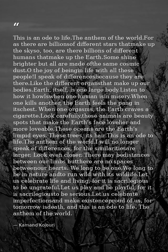 This is an ode to life.The anthem of the world.For as there are billionsof different stars thatmake up the skyso, too, a — Kamand Kojouri