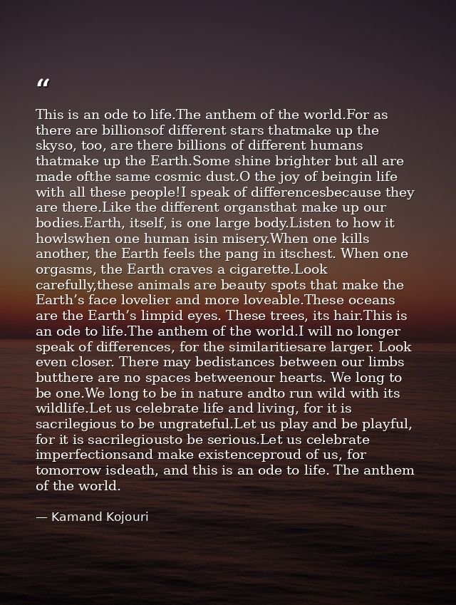 This is an ode to life.The anthem of the world.For as there are billionsof different stars thatmake up the skyso, too, a — Kamand Kojouri