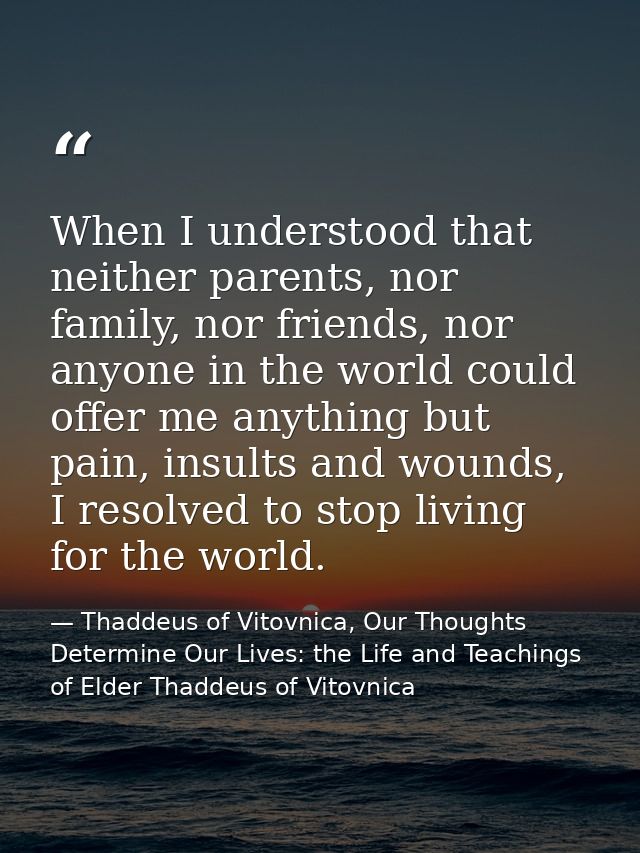 When I understood that neither parents, nor family, nor friends, nor anyone in the world could offer me anything but pai — Thaddeus of Vitovnica, Our Thoughts Determine Our Lives: the Life and Teachings of Elder Thaddeus of Vitovnica