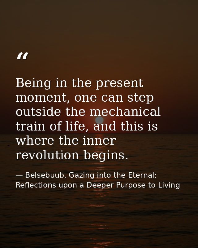 Being in the present moment, one can step outside the mechanical train of life, and this is where the inner revolution b — Belsebuub, Gazing into the Eternal: Reflections upon a Deeper Purpose to Living