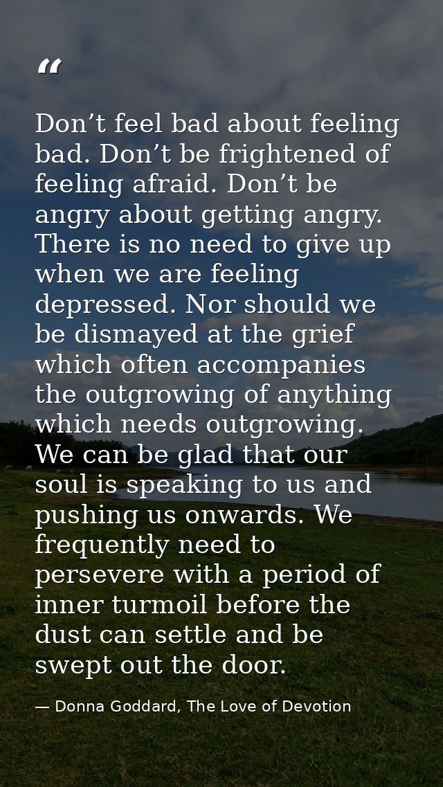 Don’t feel bad about feeling bad. Don’t be frightened of feeling afraid. Don’t be angry about getting angry. There is no — Donna Goddard, The Love of Devotion