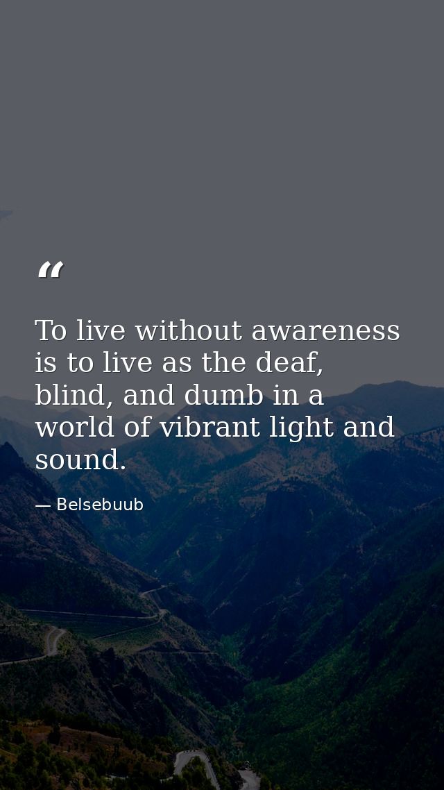 To live without awareness is to live as the deaf, blind, and dumb in a world of vibrant light and sound. — Belsebuub
